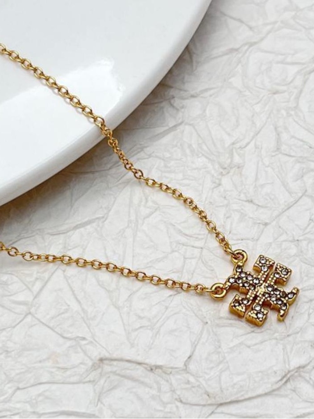 Tory Burch Gold Crystal Logo Pendant Necklace